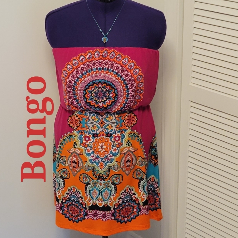 ❣️HP❣️ Bongo hot pink & orange design boho strapless mini dress sz: M